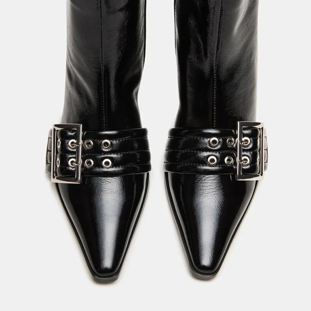 Women's Black Buckle Ankle Kitten Low Heel Eyelet Pointy Toe Dress Short Boots